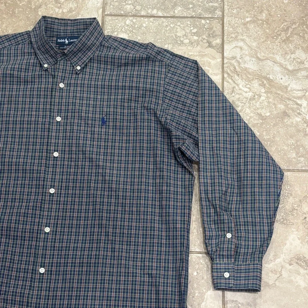 Ralph Lauren Blake Mens Large Plaid Button Down Shirt Navy Green 100% Cotton